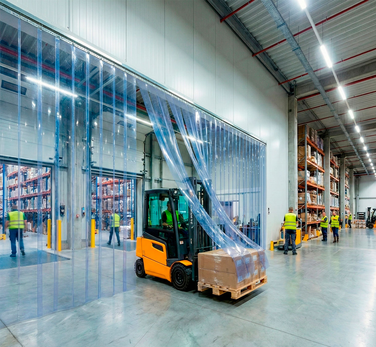 Cortina lamas PVC flexible resistente al paso de carretillas elevadoras